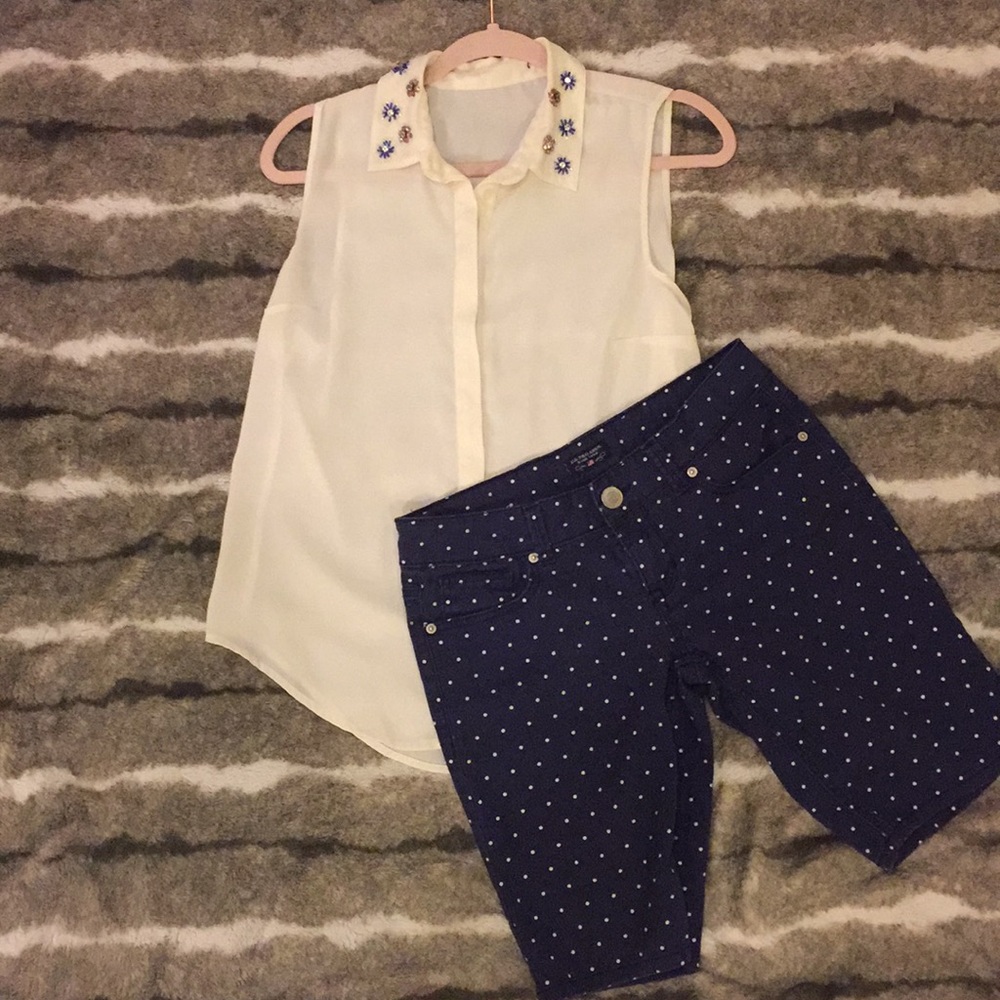 White Blouse and Blue PolkaDotted Polo Shorts